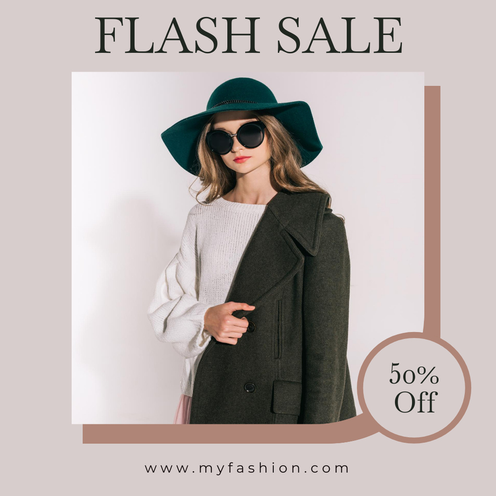Sale Ad with Attractive Woman in Sunglasses and Beret Instagram Design Template