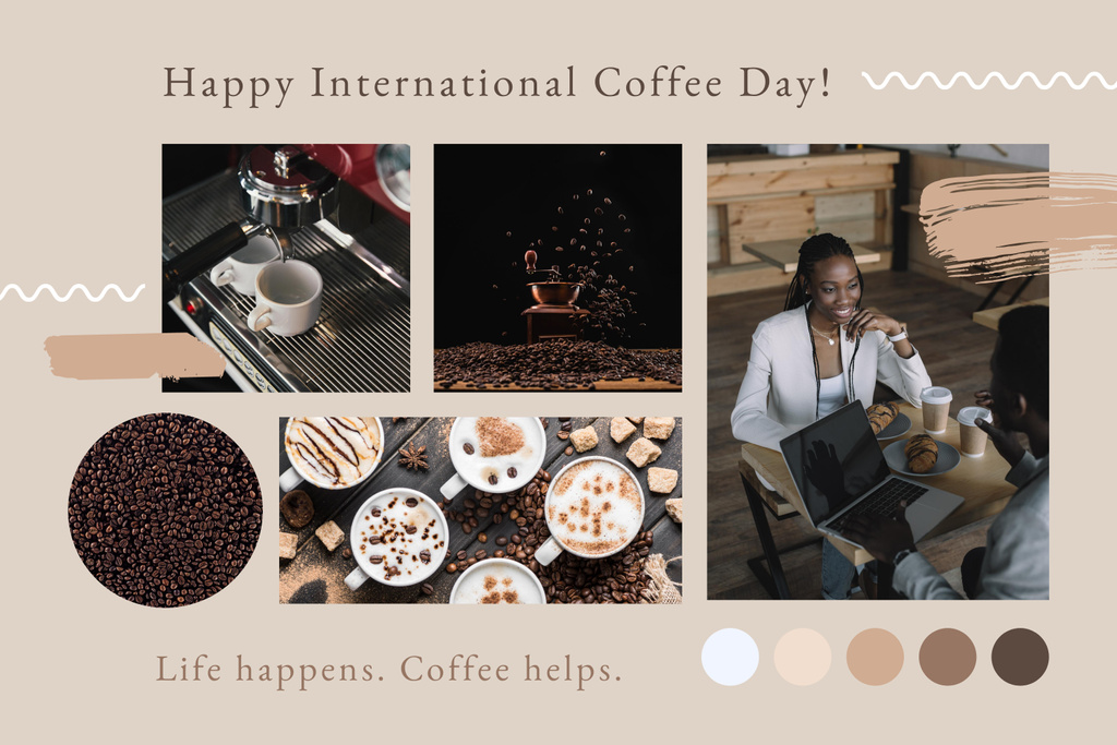 Lovely Congratulations on World Coffee Day With Latte Mood Board Tasarım Şablonu