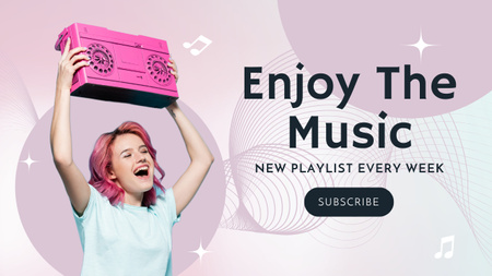 Designvorlage Musik-Blog-Promotion mit fröhlicher Frau mit Boombox für Youtube Thumbnail