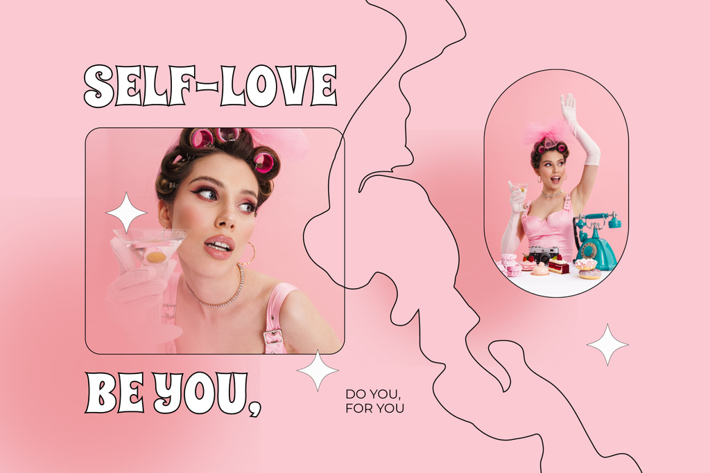 Platilla de diseño Self Love Inspiration with Beautiful Woman and Phrase Mood Board