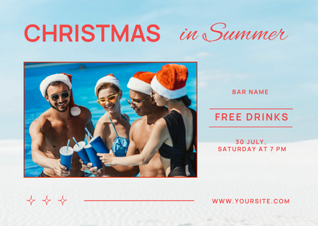 Plantilla de diseño de Grupo de personas con sombreros de Santa en la playa bebiendo bebidas Card 