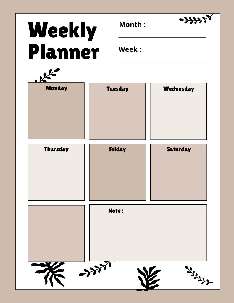 Designvorlage Weekly Planner with Leaves in Brown für Notepad 8.5x11in