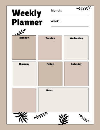 Weekly Planner with Leaves in Brown Notepad 8.5x11in Design Template