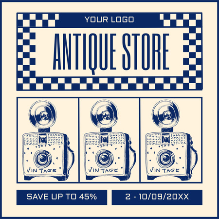 Old Cameras With Flashes At Discounted Rates Offer In Antique Store Instagram Design Template