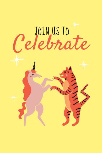 Funny Cute Tiger And Unicorn Dancing Postcard 4x6in Vertical Design Template