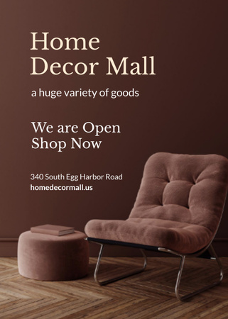 Home Decor Mall -mainos pehmeällä ruskealla nojatuolilla Postcard 5x7in Vertical Design Template