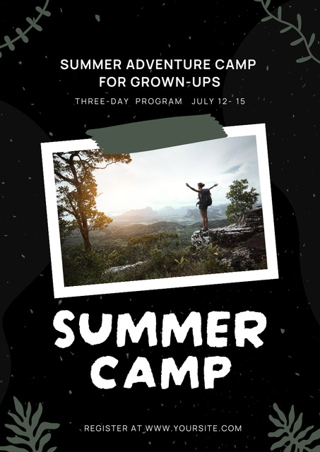 Mountain Summer Camp Announcement with Tourist Poster A3 Design Template