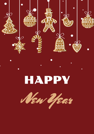 New Year Greeting with Decorations on Red Postcard A5 Vertical Tasarım Şablonu