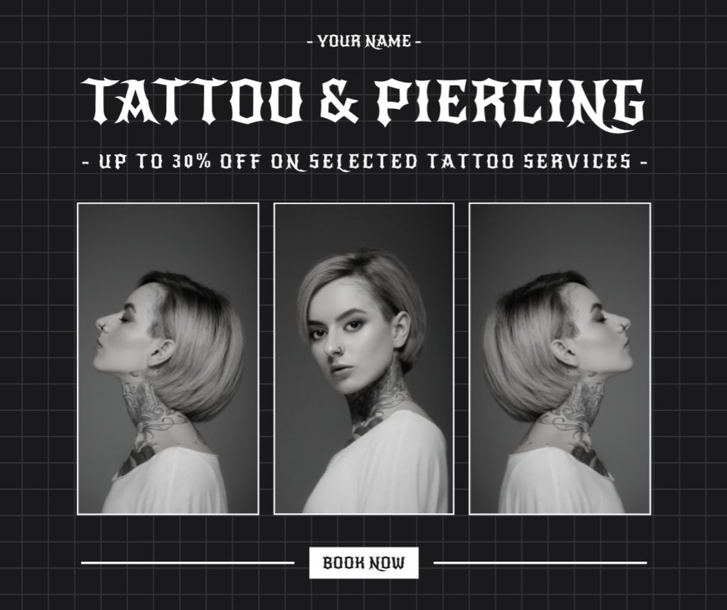 Tattoo And Piercing With Discount Offer In Black Facebook Design Template