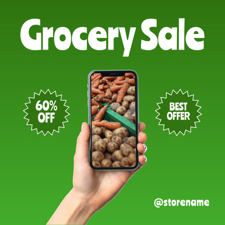 Grocery Store Ad with Vegetables on Phone Screen Animated Post Design Template