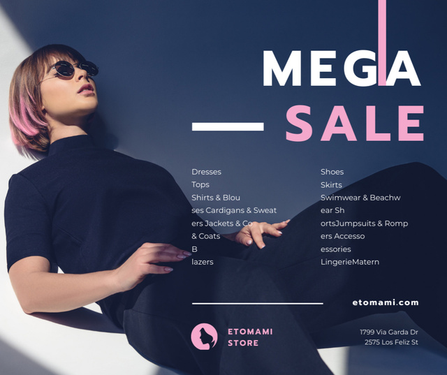Fashion Sale Woman in Sunglasses and Black Outfit Facebook Design Template