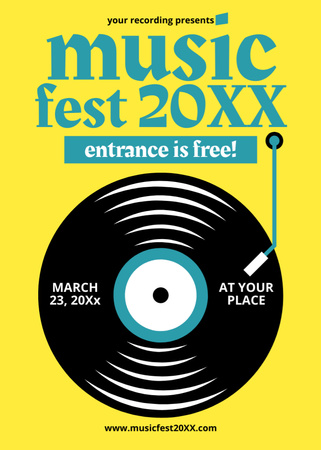 Music Festival Announcement with Vinyl Record Flayer Design Template