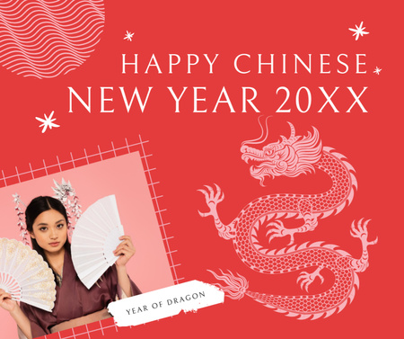 Saudação de Ano Novo Chinês com Mulher e Dragão Facebook Modelo de Design