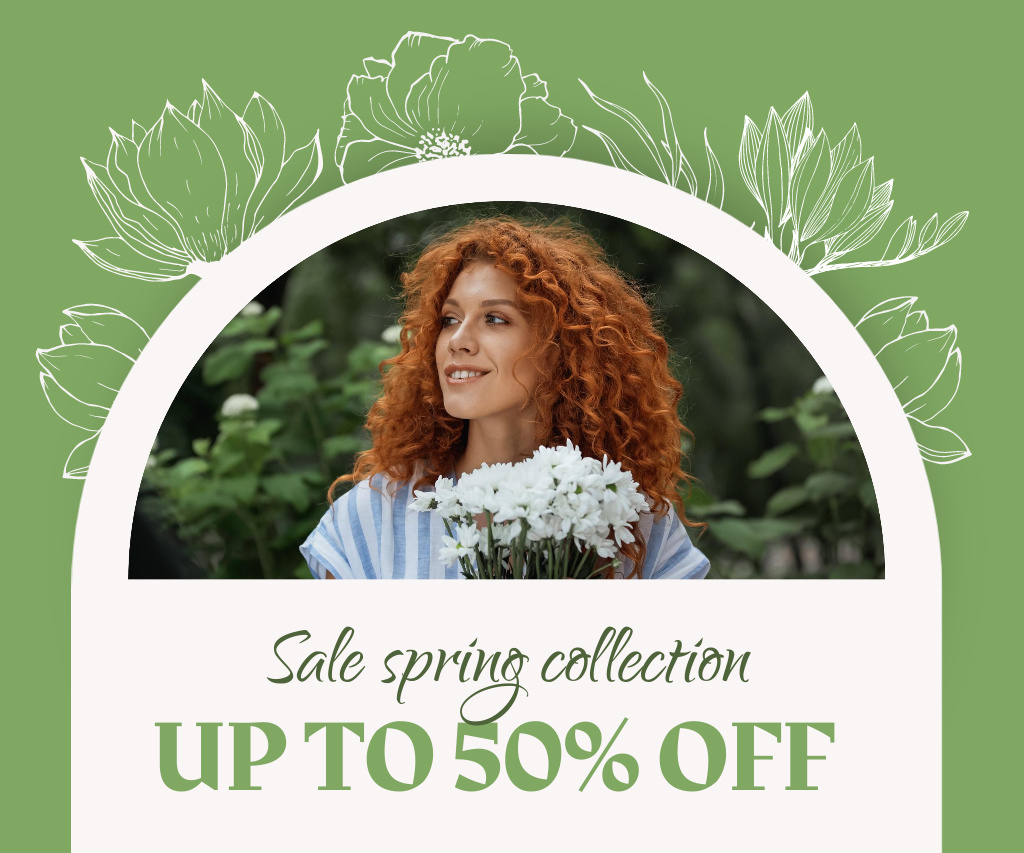 Spring Fashion Ad with Pretty Woman on Green Large Rectangle Design Template
