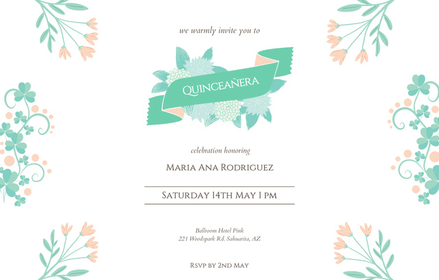 Plantilla de diseño de Celebration Quinceañera Announcement with Ribbon Invitation 4.6x7.2in Horizontal 
