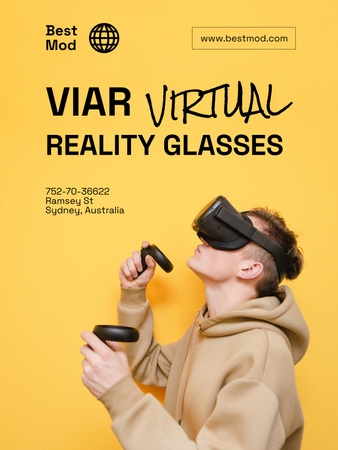 Designvorlage VR-Ausrüstungsanzeige mit Mann mit Brille für Poster US