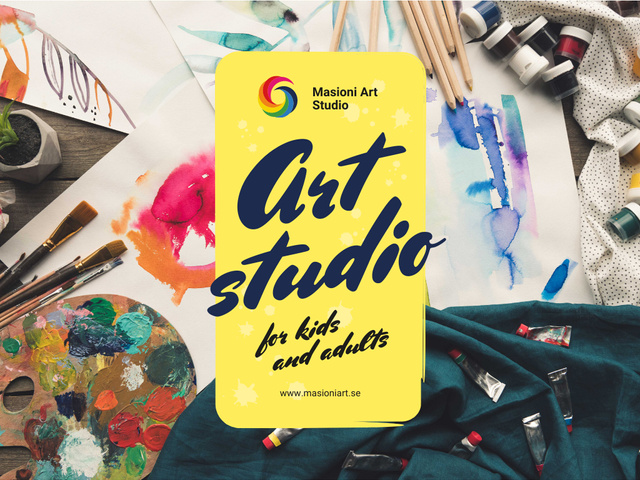 Art Classes Ad with Supplies and Brushes Presentation tervezősablon