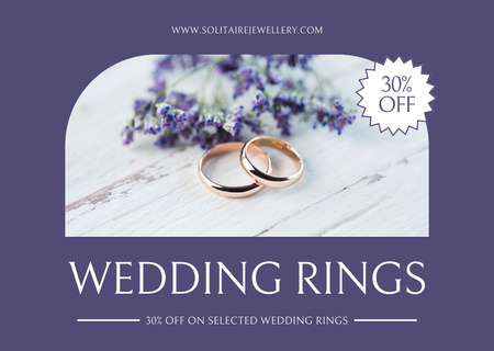 Platilla de diseño Two Golden Wedding Rings and Purple Flowers Card