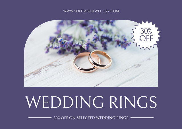 Plantilla de diseño de Two Golden Wedding Rings and Purple Flowers Card 
