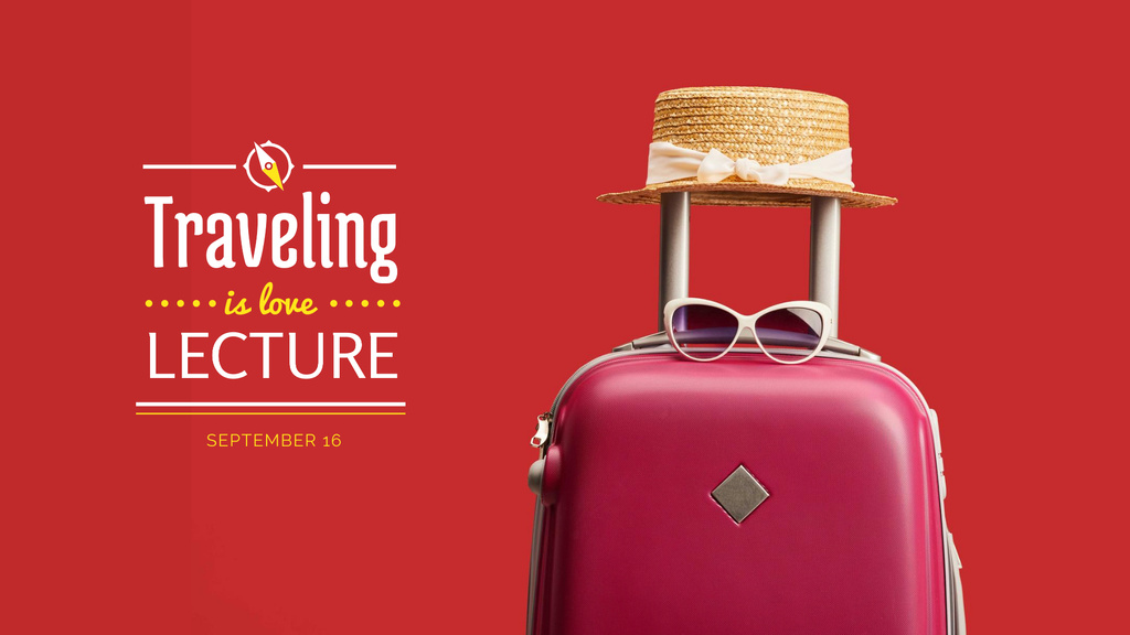 Travelling Inspiration Suitcase and Hat in Red FB event cover Modelo de Design