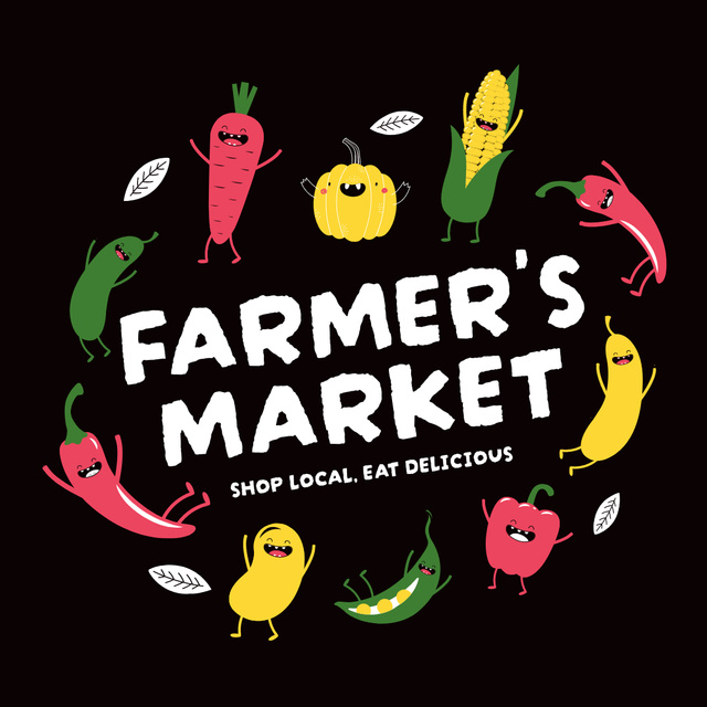 Farmer's Market Announcement with Cartoon Vegetable Instagram ADデザインテンプレート