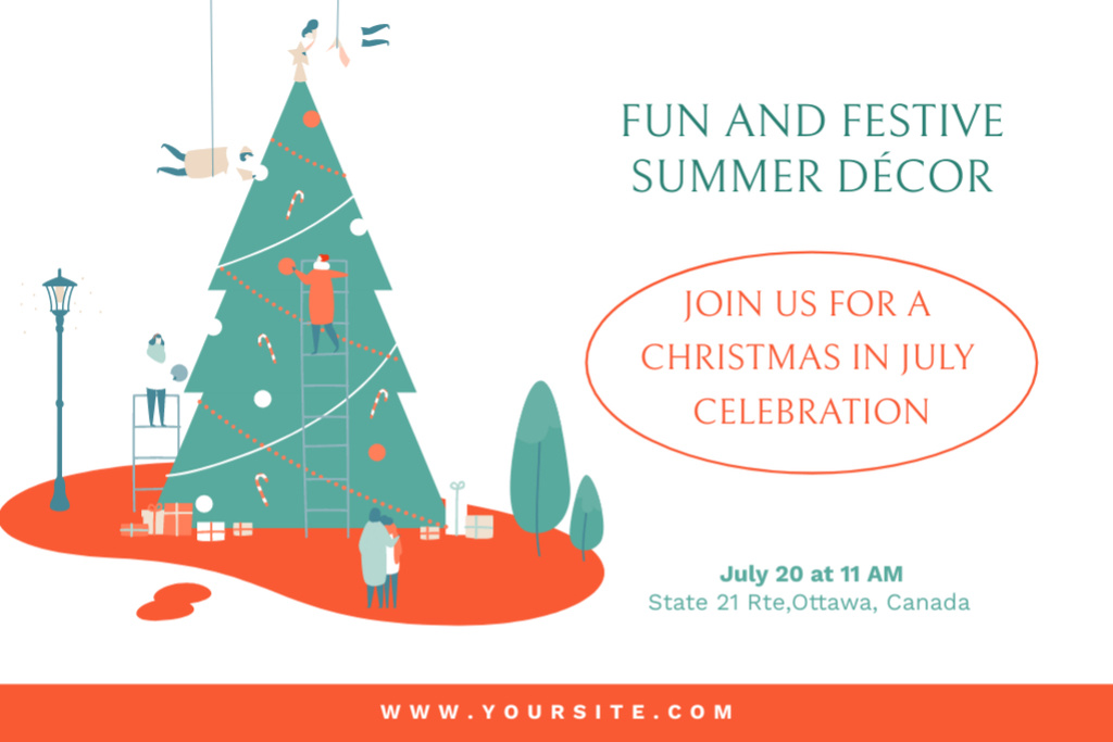 Designvorlage Festive Holiday Decor Ad For Christmas In July With Illustration für Postcard 4x6in