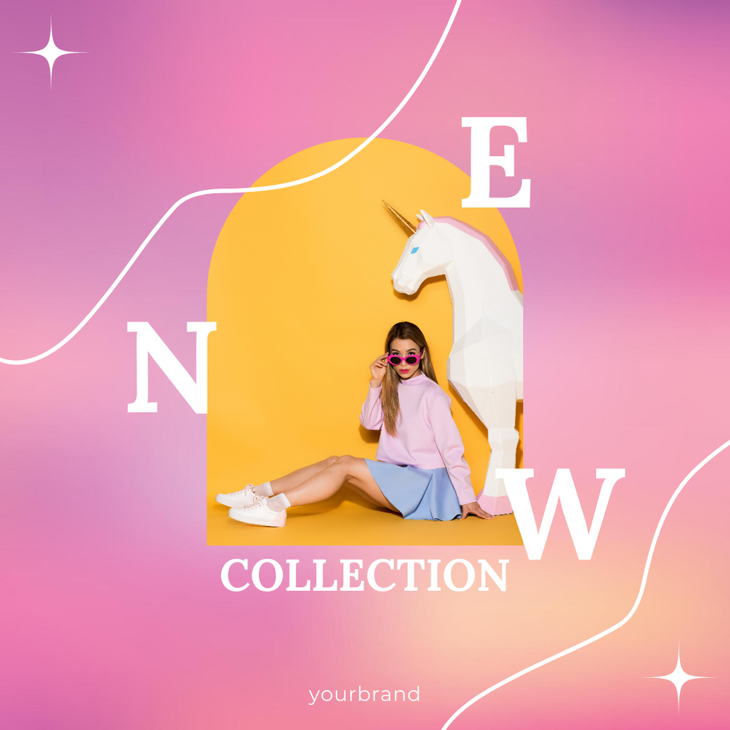 Ontwerpsjabloon van Instagram AD van New Collection Proposal with Woman and Unicorn