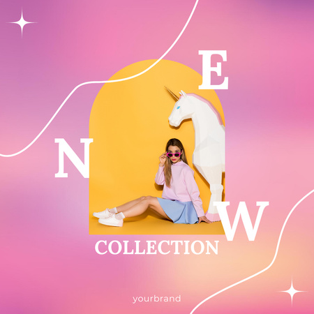 Modèle de visuel Proposition de nouvelle collection avec femme et licorne - Instagram AD
