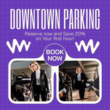 Reserve Downtown Parking with Discount on Purple Instagram AD Design Template