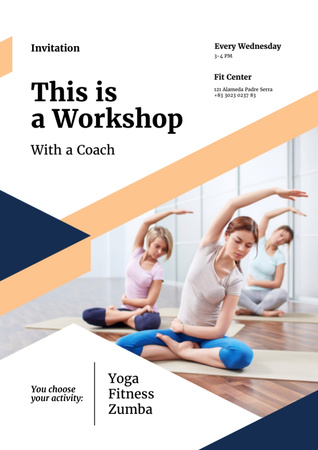 Workshop Announcement with Women practicing Yoga Flyer A4デザインテンプレート
