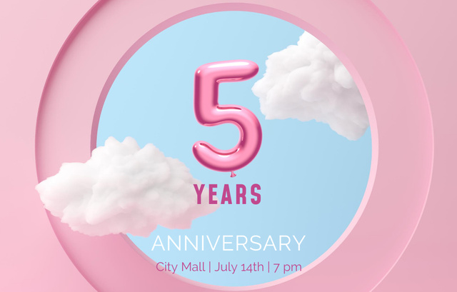 Lovely Anniversary Celebration Announcement With Cute Clouds In Pink Invitation 4.6x7.2in Horizontal Design Template