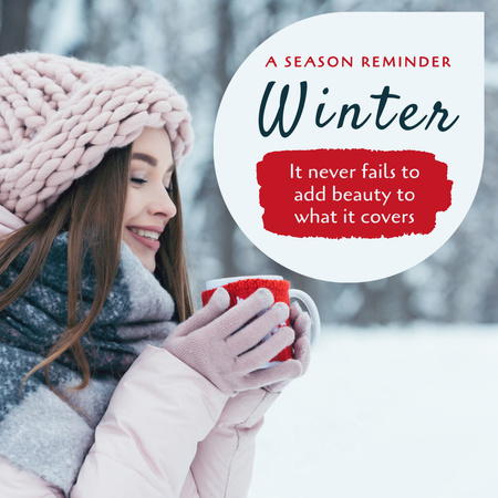 暖かいカップを保持している女の子と冬のインスピレーション Instagramデザインテンプレート