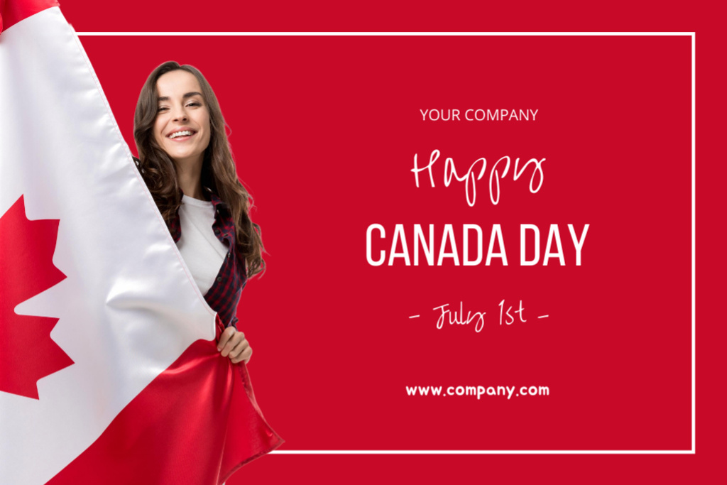 Beautiful Girl with Flag of Canada Postcard 4x6in Design Template