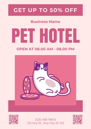 ピンク地にかわいい太った猫が描かれたペットホテルの広告 Posterデザインテンプレート