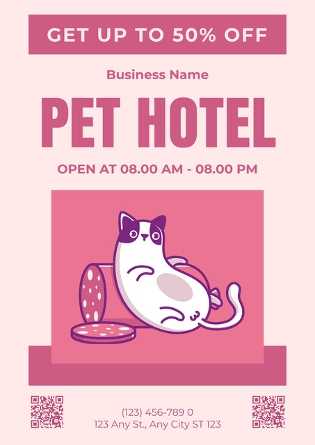 Pet Hotel's Ad with Cute Fat Cat on Pink Posterデザインテンプレート