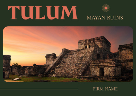 Travel Tour To Mayan Ruins on Green Postcard Design Template