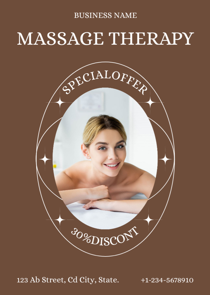 Massage Services Advertisement with Young Woman on Brown Flayer Modelo de Design