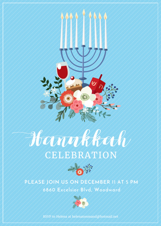 Hanukkah Celebration Invitation Menorah on Blue Flayer Tasarım Şablonu