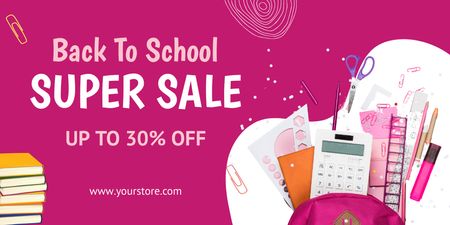 Plantilla de diseño de Súper venta de útiles escolares con papelería en rosa Twitter 