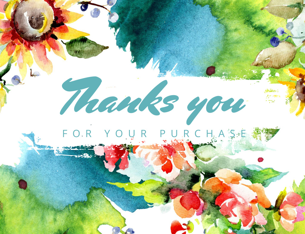 Thank You for Purchase Text with Beautiful Watercolor Flowers Thank You Card 5.5x4in Horizontal Tasarım Şablonu