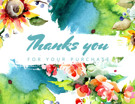 Güzel Suluboya Çiçeklerle Satın Alma Mesajınız İçin Teşekkür Ederiz Thank You Card 5.5x4in Horizontal Tasarım Şablonu