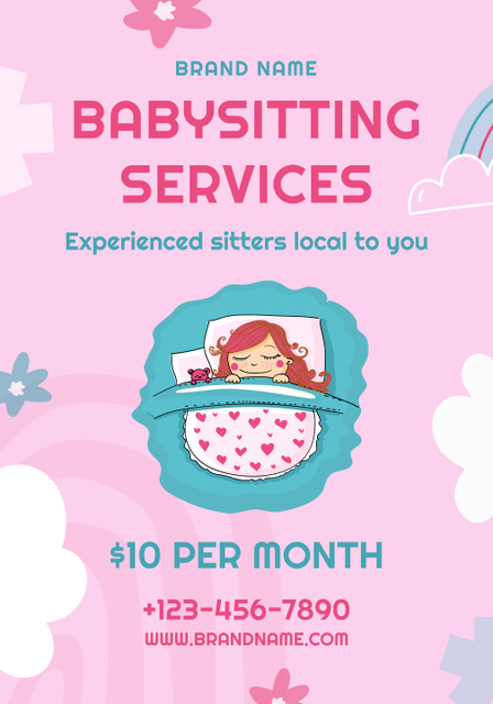 Babysitting Services Ad with Girl Sleeping Peacefully in Bed Poster 28x40in Tasarım Şablonu