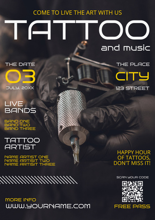 Professzionális szerszám- és tetoválóstúdió szolgáltatásajánlat zenével Poster tervezősablon