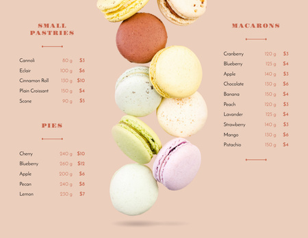 Designvorlage Liste mit französischen Macarons und süßem Gebäck für Menu 11x8.5in Tri-Fold