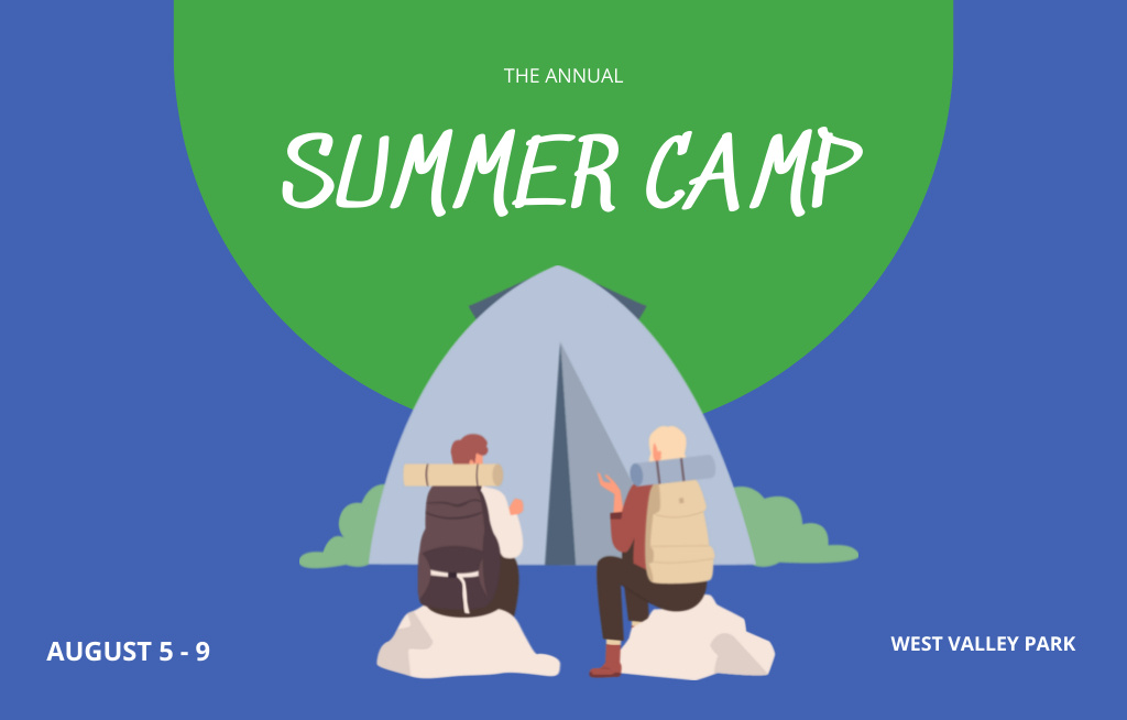 Announcement of The Annual Summer Camp With Tent And Backpacks Invitation 4.6x7.2in Horizontal – шаблон для дизайна