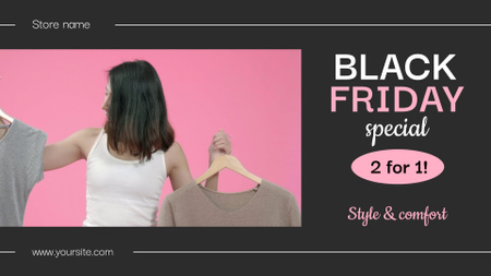 Promoção especial da Black Friday com mulher escolhendo entre roupas Full HD video Modelo de Design