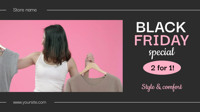Platilla de diseño Black Friday Special Promo with Woman choosing between Clothes Full HD video