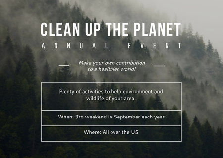 Plantilla de diseño de evento ecológico foggy forest view Postcard 