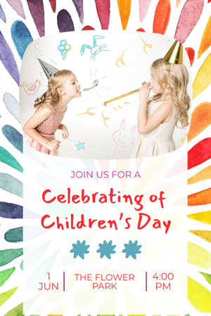 Children's Day Celebration with Girls with Noisemakers Invitation 6x9in Design Template