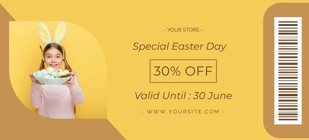 Platilla de diseño Easter Special Offer with Cute Kid in Rabbit Ears with Plate Full of Colored Eggs Coupon 3.75x8.25in